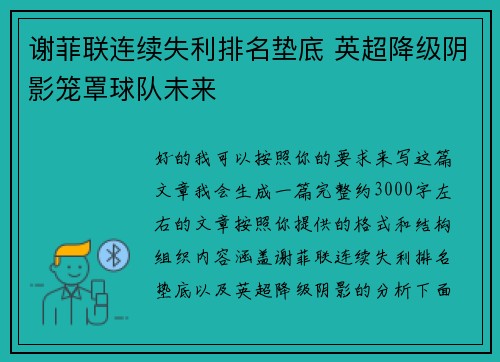 谢菲联连续失利排名垫底 英超降级阴影笼罩球队未来