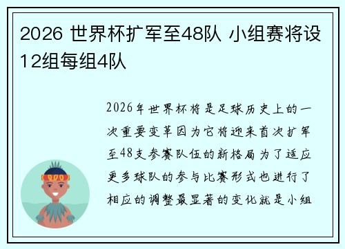 2026 世界杯扩军至48队 小组赛将设12组每组4队