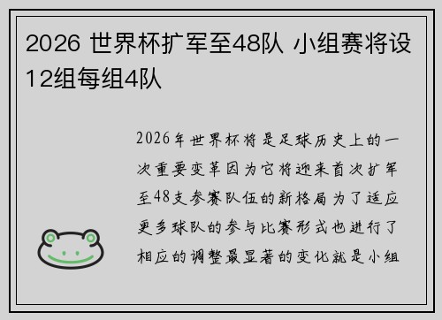 2026 世界杯扩军至48队 小组赛将设12组每组4队