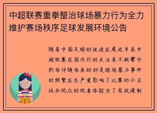 中超联赛重拳整治球场暴力行为全力维护赛场秩序足球发展环境公告